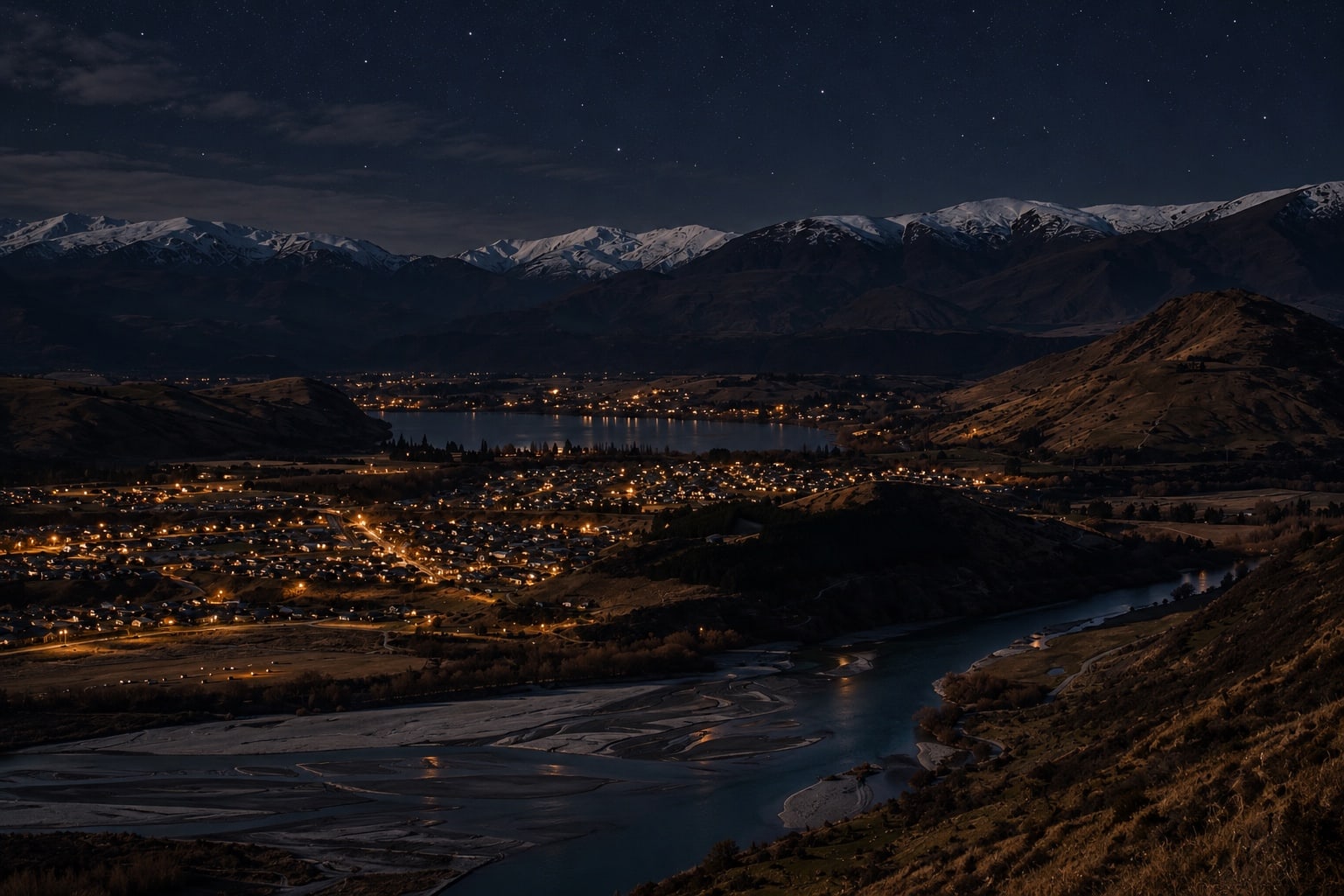 The lights of a valley town and its lake at night under snow-capped mountains