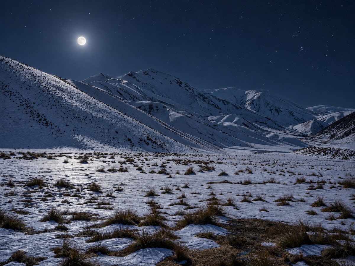 A snowy valley under a full moon