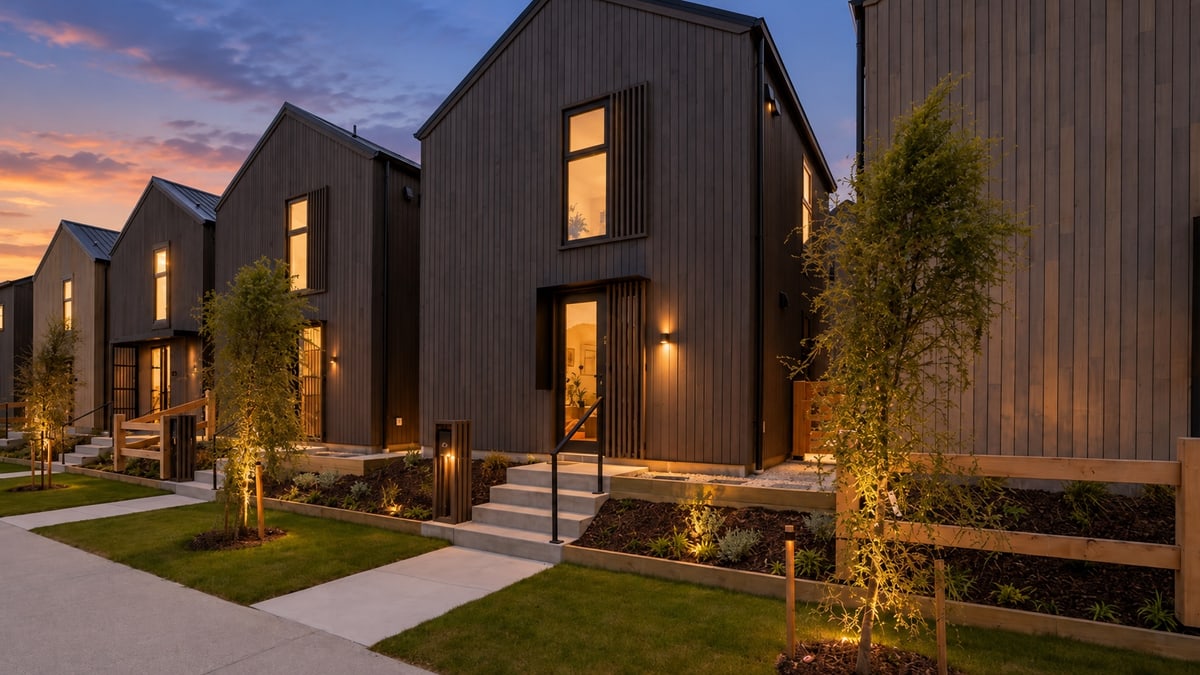 New timber-clad townhouses at Five Mile, Queenstown, lit at dusk