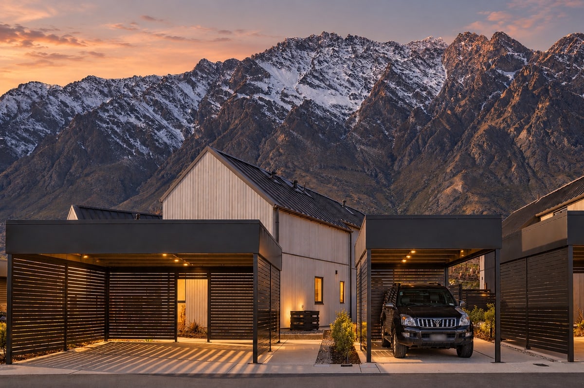 A timber gabled home and dark carports under the Remarkables at dusk